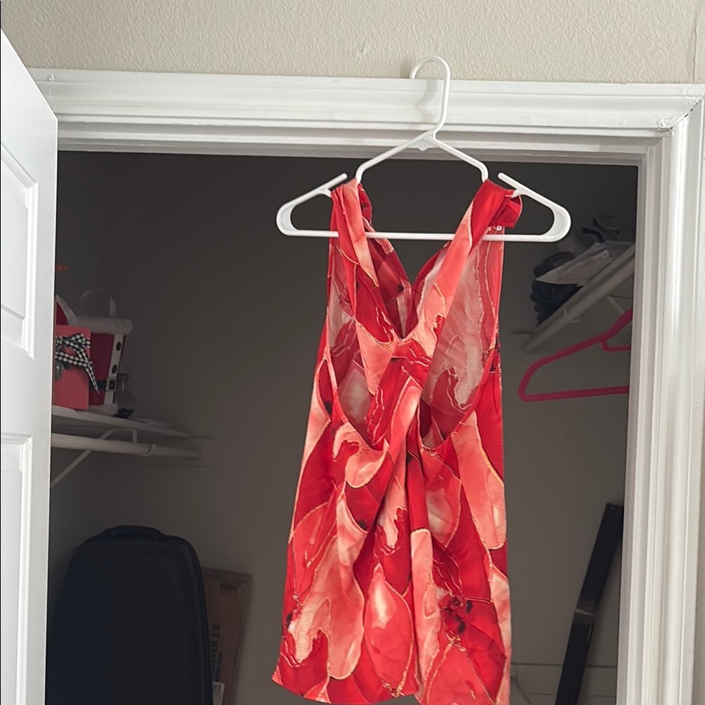 Vibrant Red and Pink Crisscross Halter Top